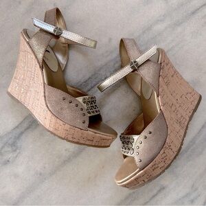 Report Leather Sandals Platform Cork Heels 8 Gold Flecks Sewn Embellishments